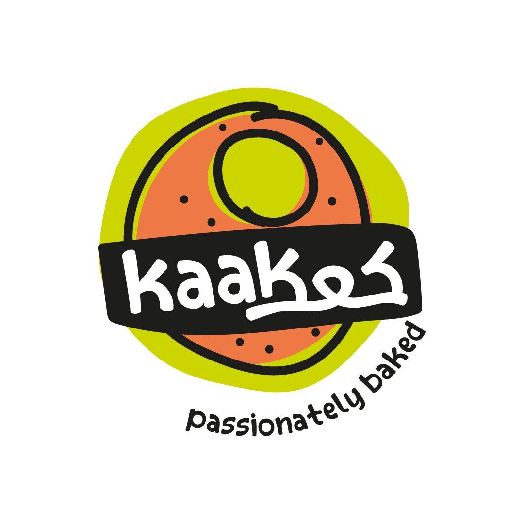 Logo for Kaakes bakery. A bagel with orange sprinkles, overlaid with the brand name in black, surrounded by a green circle. “Passionately baked” below.