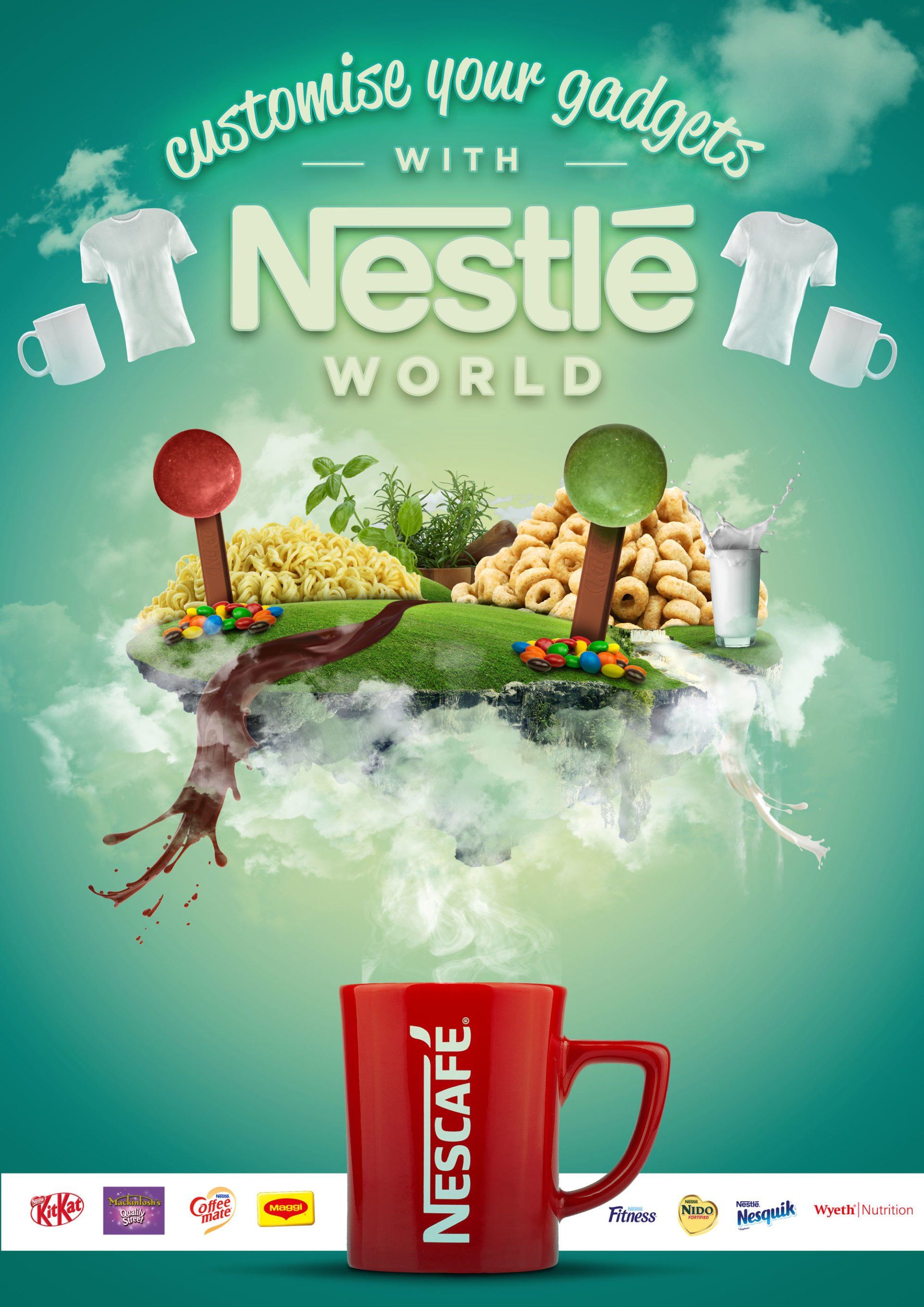 Nestlé World ad with a floating island of cereal and coffee items above a red Nescafé mug. Text says 