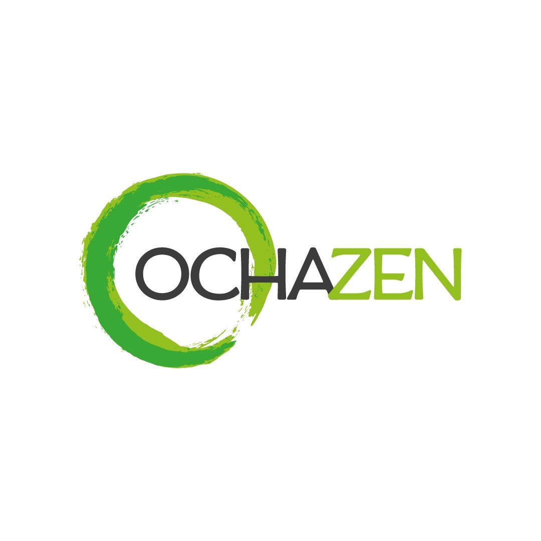 OCHAZEN logo: green brushstroke circle with the name in black and green font.