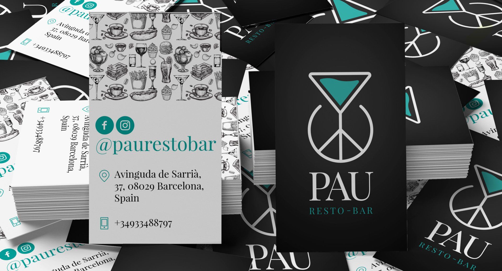Business cards for Pau resto-bar; black and gray cards, turquoise logo, social media handles, and address.