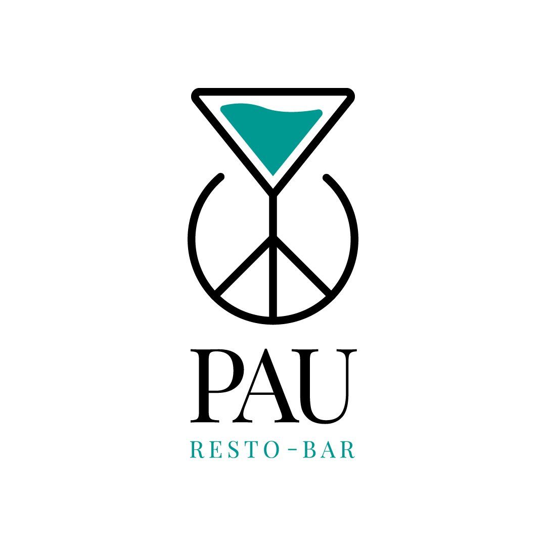 Logo for Pau Resto-Bar: A martini glass atop a peace sign, teal liquid in the glass, and 
