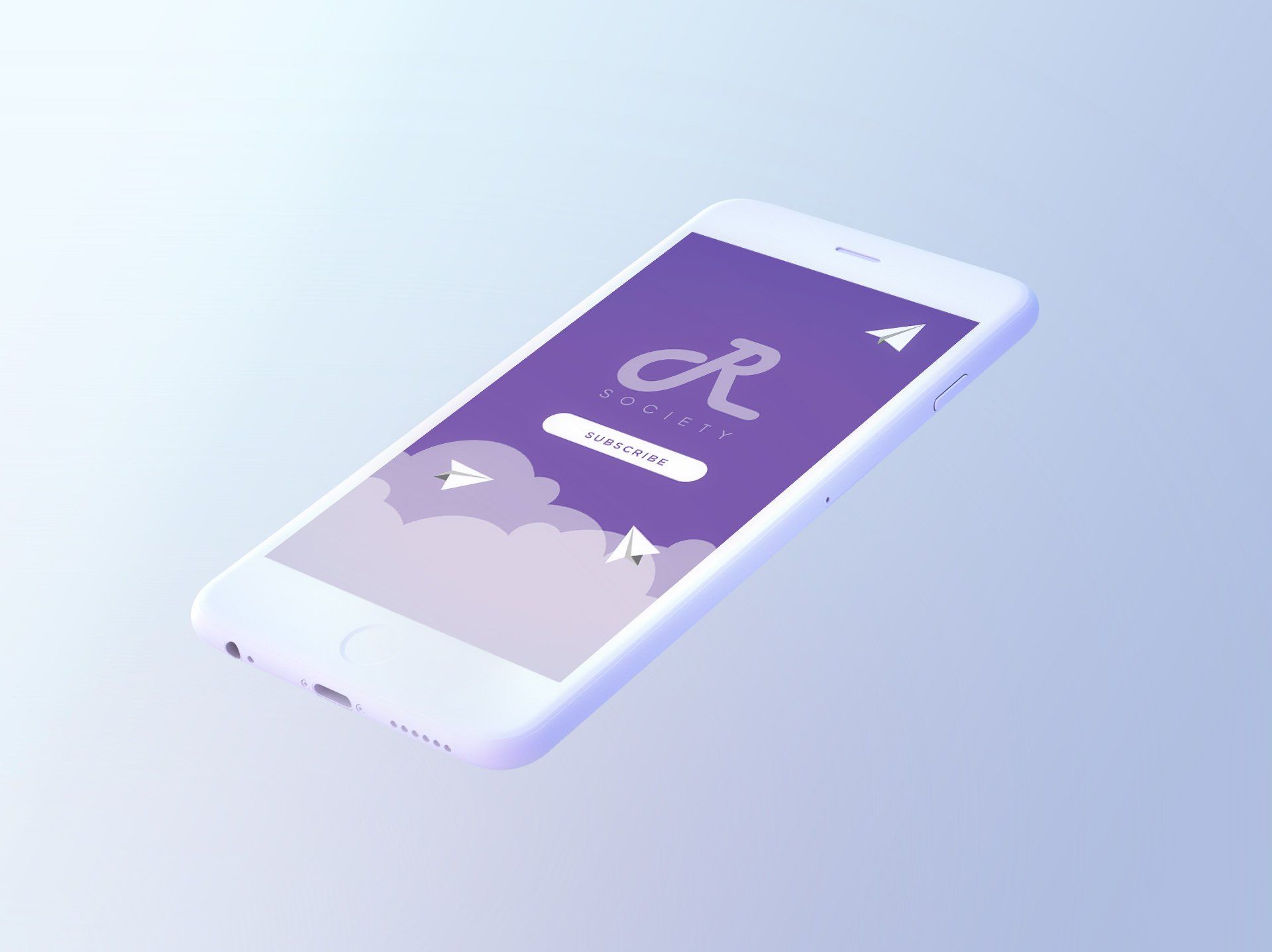White smartphone angled, displaying a purple app screen with a stylized