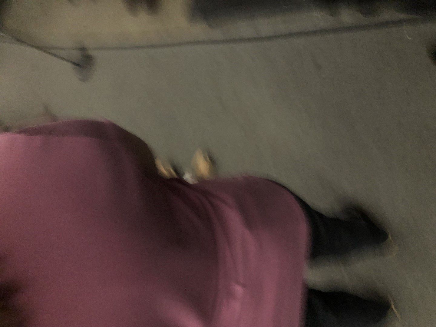 A person in a pink shirt is standing on a carpeted floor.