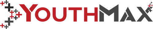 A red and black logo for youthmax on a white background.