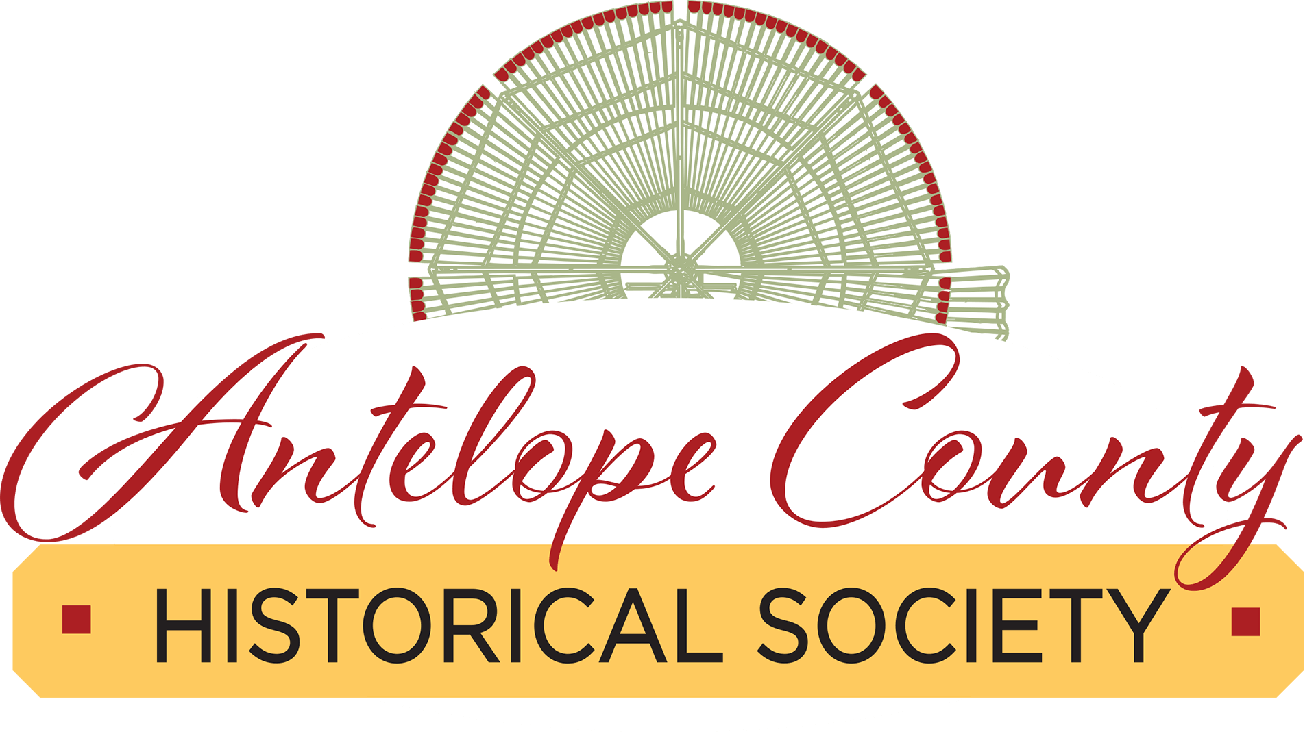 Logo: Antelope County Historical Society; building illustration above text; red and gold.