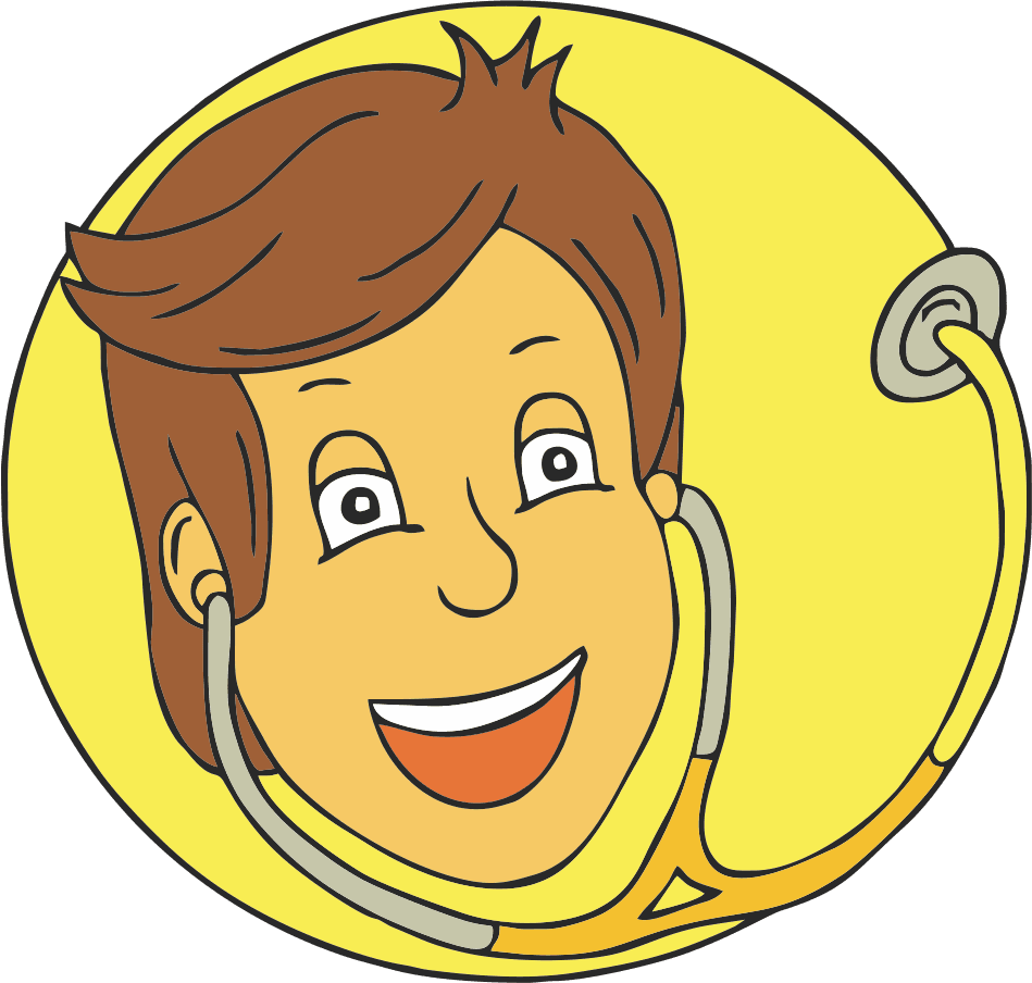 Cartoon boy smiling with a stethoscope around his neck on a yellow circle background