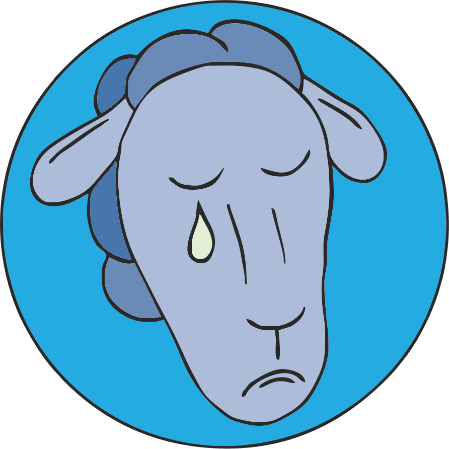 Sad blue cartoon face with a tear on a light blue circular background