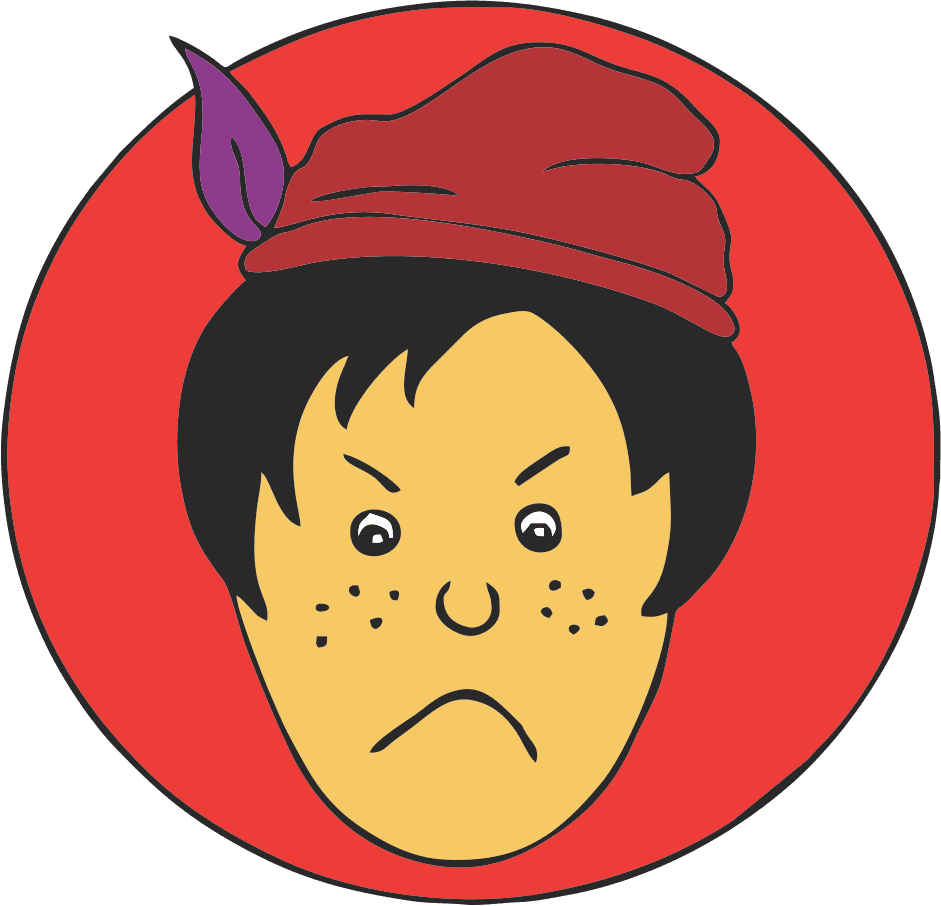 Cartoon face with a red hat and purple feather, frowning inside a red circle.