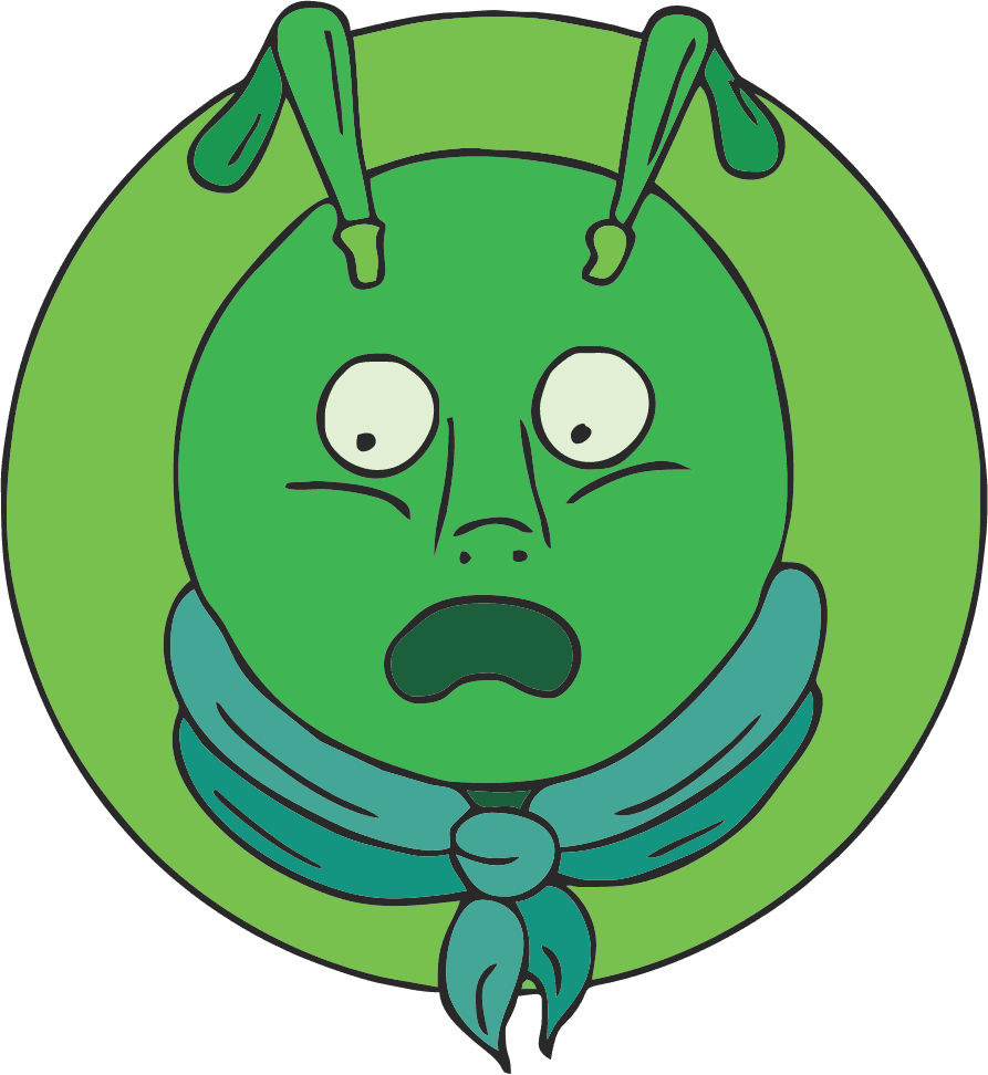 Green cartoon face with antennae and a blue scarf, looking startled.