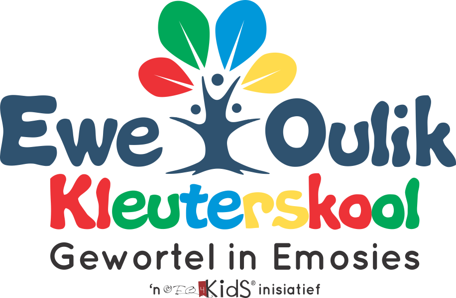 Ewe Oulik Kleuterskool logo with colorful flower and tree, tagline “Gewortel in Emosies”