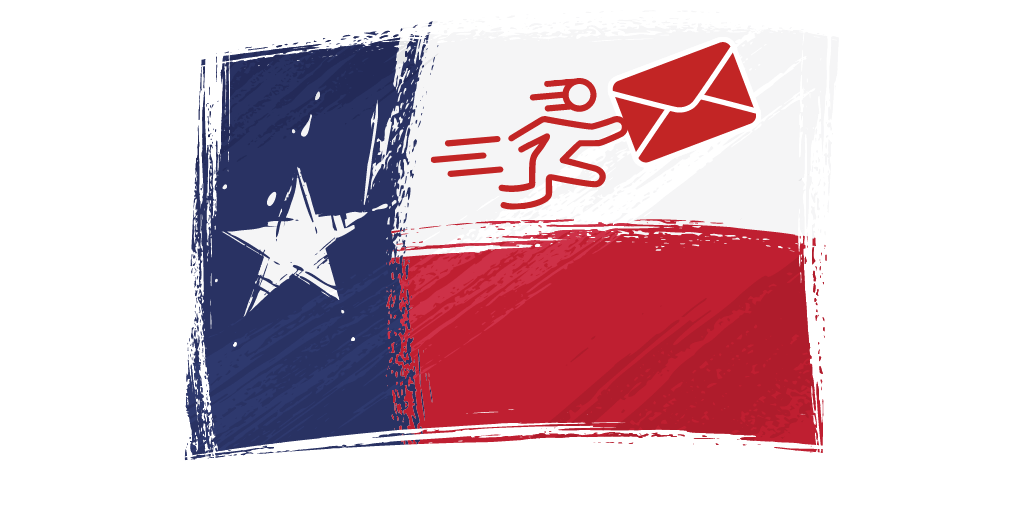 A drawing of a texas flag with an envelope flying through the air.