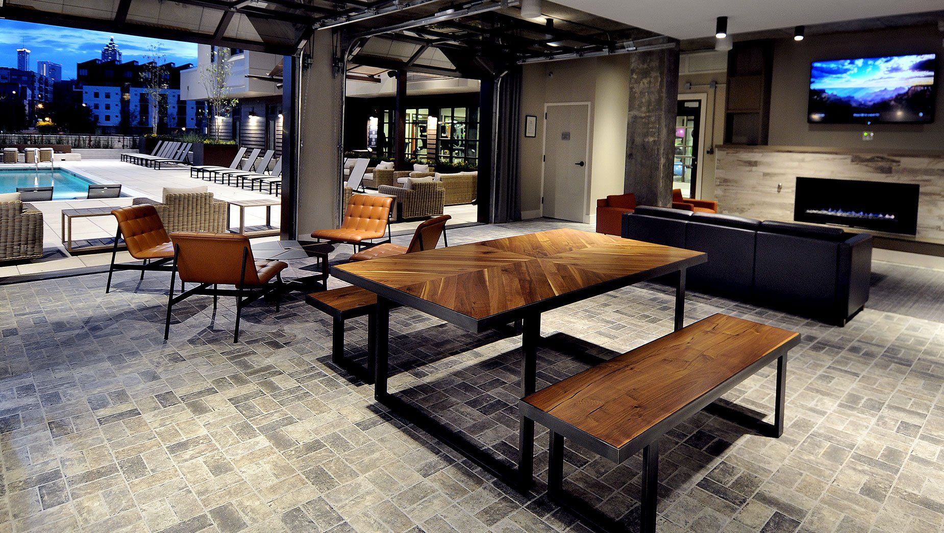 Indoor Poolside Lounge with Seating Areas at North and Line