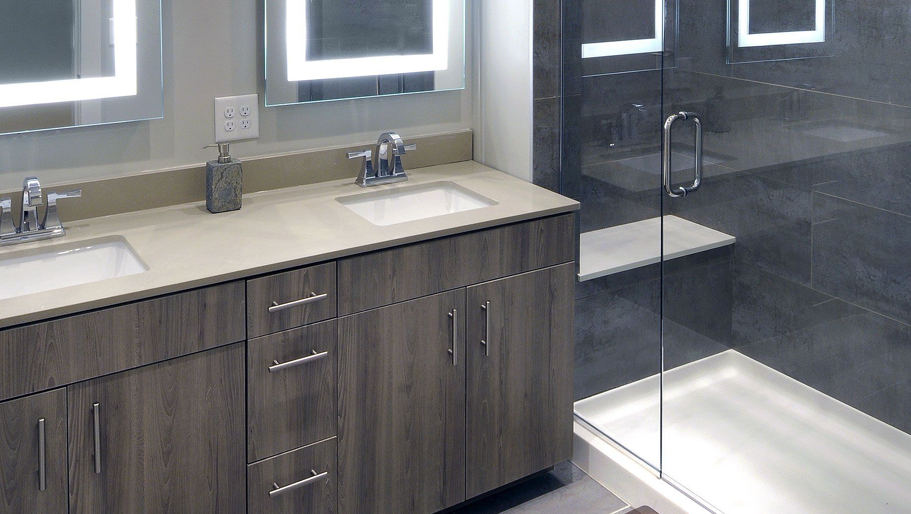North and Line Modern Bathroom with Frameless Shower Enclosures