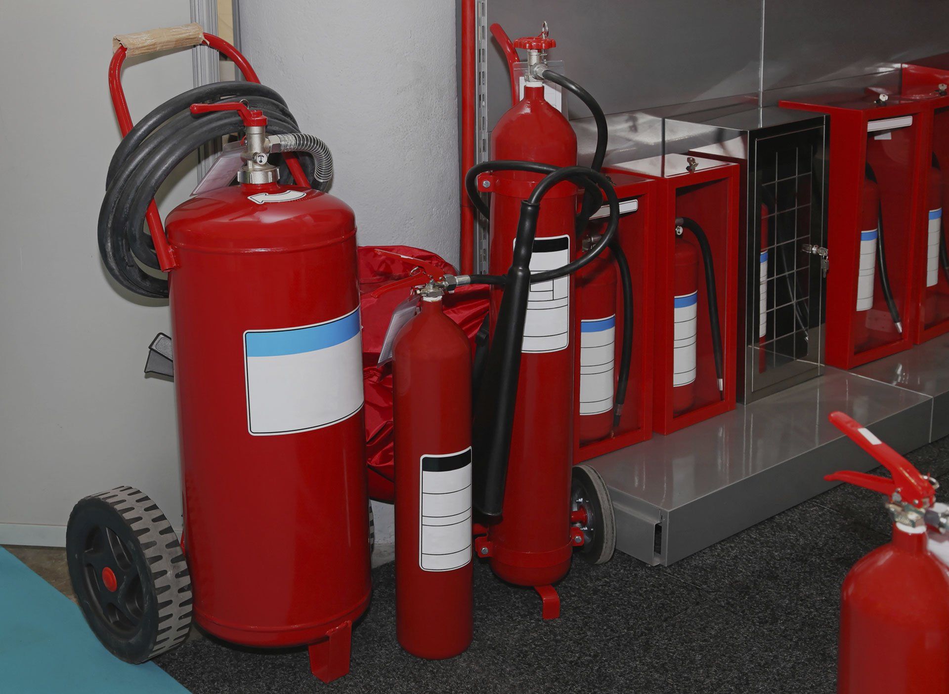 row of fire extinguishers