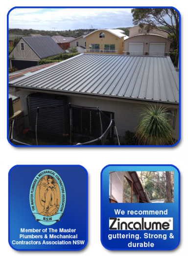 Roof plumbing, Master Plumbers Association member and Zincalume logo
