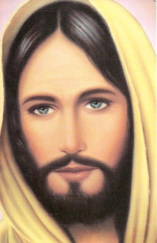 Portrait of Jesus with long dark hair, beard, and a golden hood, looking forward serenely
