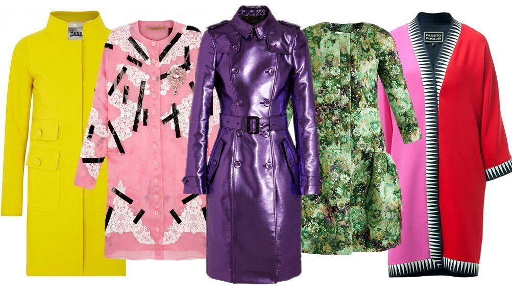 Five colorful women’s coats and jackets on a white background