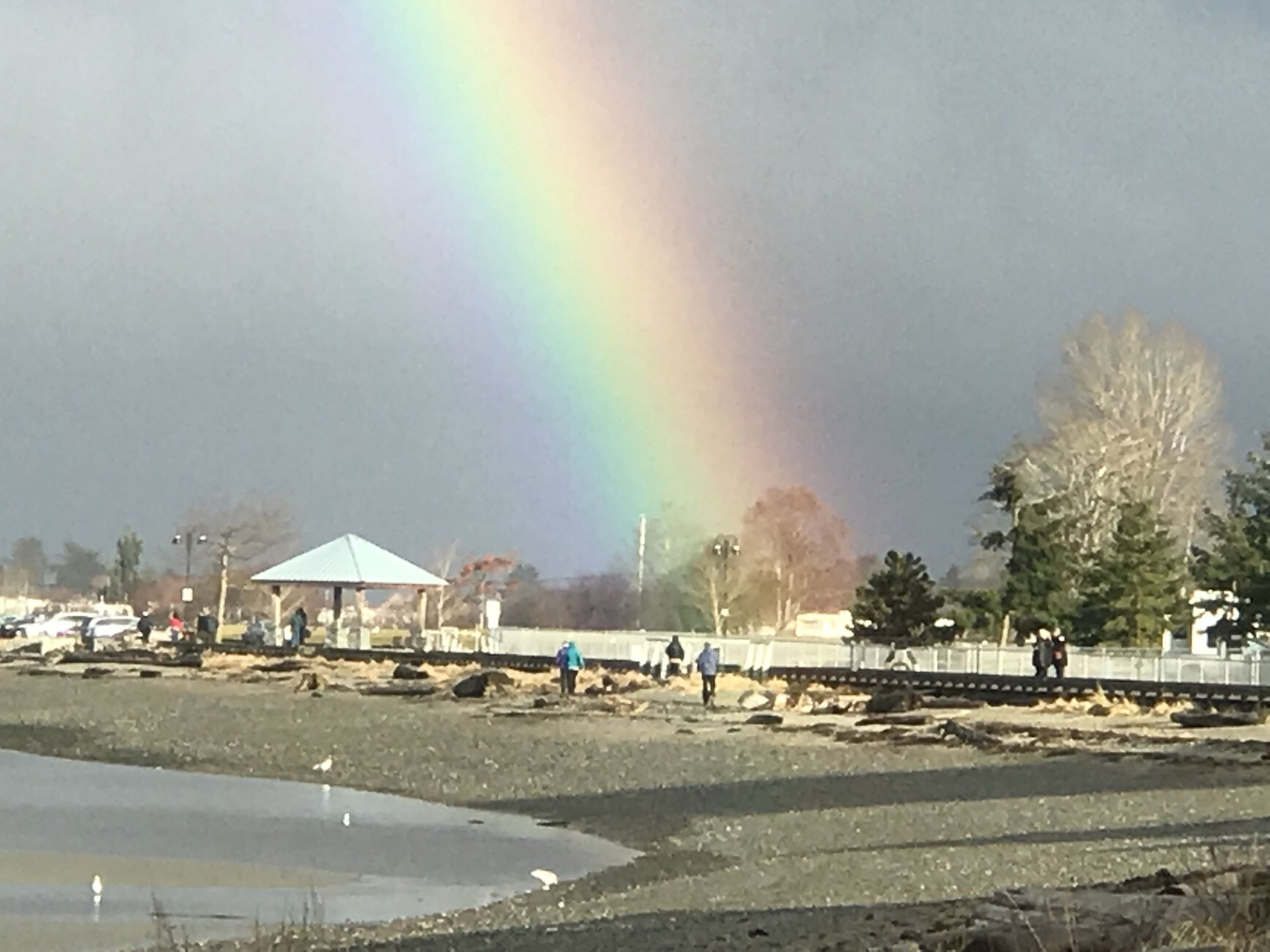 Rainbow over a beach with people, a small pavilion, and trees under a cloudy sky