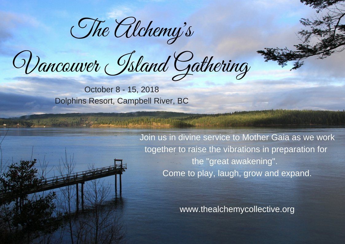 Invitation graphic for The Alchemy’s Vancouver Island Gathering over a sunset waterfront backdrop