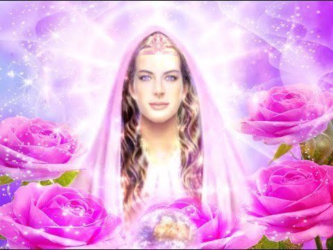 Pink roses framing a glowing woman’s face with a purple, sparkling aura