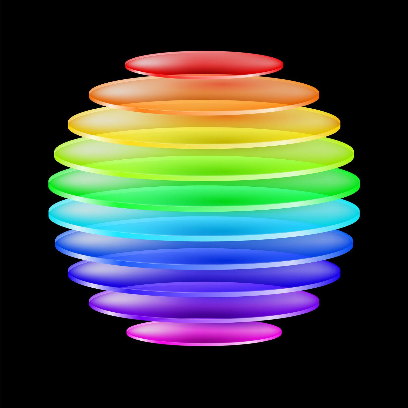 Stack of glowing rainbow-colored discs on a black background, arranged from red at top to pink at bottom