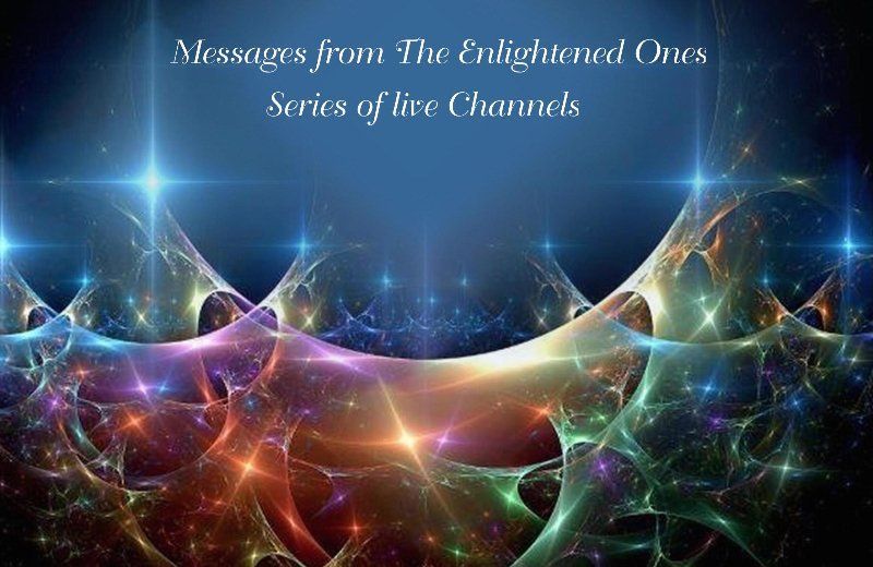 Abstract cosmic light artwork with stars and flowing rainbow-colored energy, titled “Messages from The Enlightened Ones.”