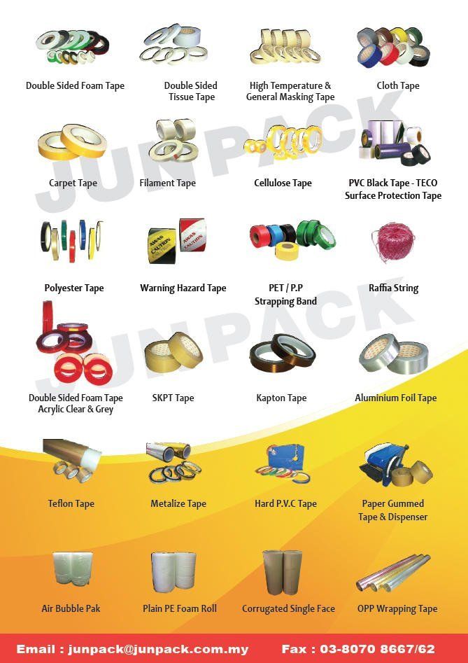 Various types of tape and packaging supplies in a product catalog.
