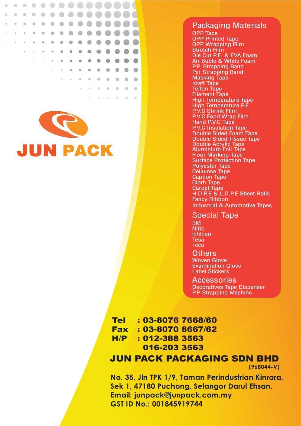 Jun Pack business card with orange and yellow gradient, logo, contact info, and product list.