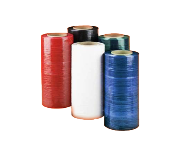 Five rolls of colored stretch film: red, white, black, green, and blue, stacked.