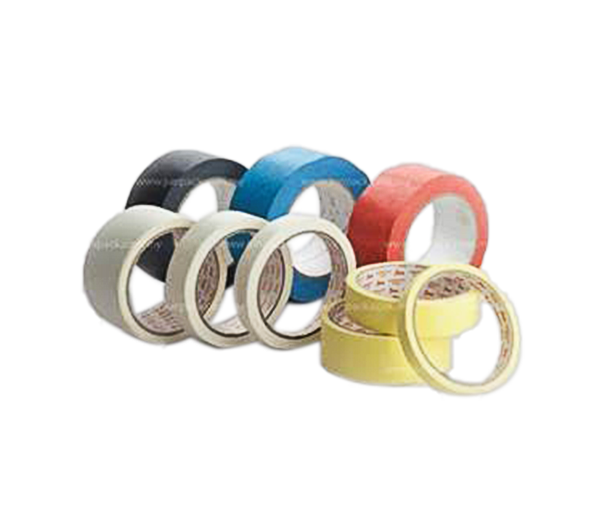 Several rolls of colored painter's tape: black, blue, red, yellow, and beige.