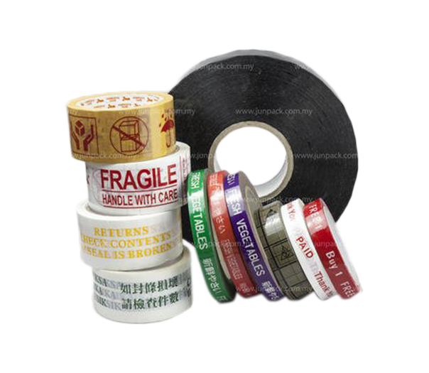 Various rolls of packaging tape, some with printed labels like 