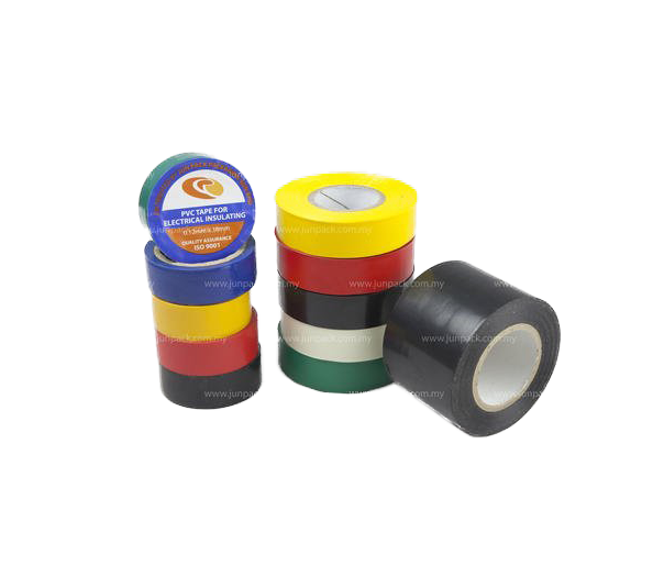Several rolls of colored electrical tape stacked and standing on a white surface.