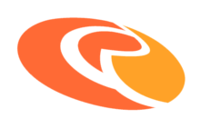 Orange and yellow abstract logo, oval shape, with a curved