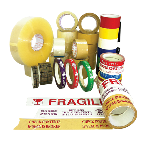 Assortment of packing tapes, including clear, brown, and colored varieties, with 
