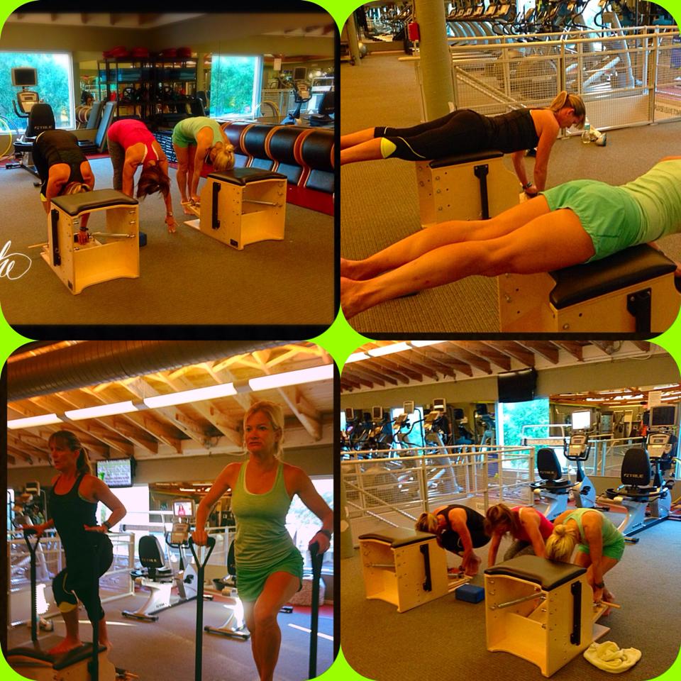 A collage of four pictures of women doing exercises in a gym