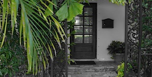 A black door is surrounded by palm trees and a wrought iron fence.