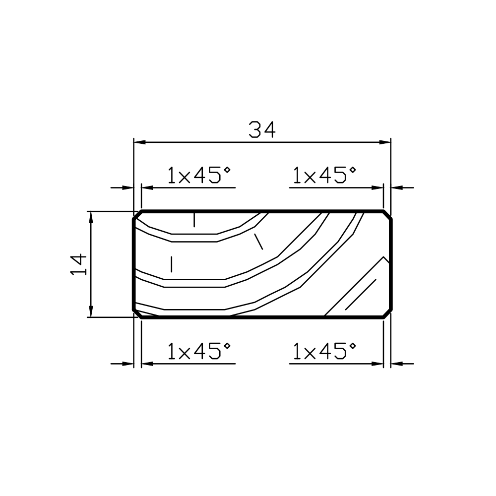 Technical drawing of a rectangular part with dimensions 34 by 14 and 1×45° chamfers on all corners