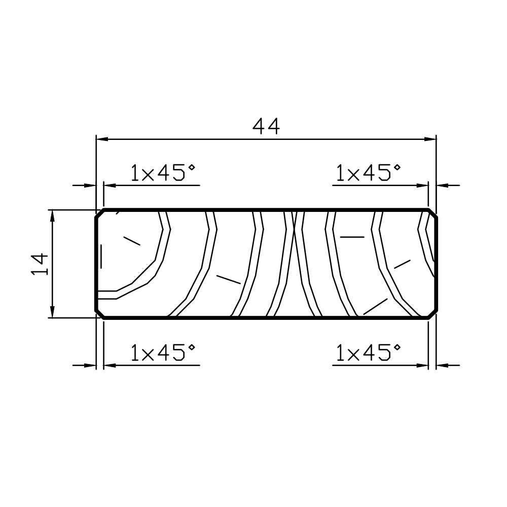 Technical drawing of a 44-by-14 rectangular piece with 1×45° chamfered corners and wood grain pattern