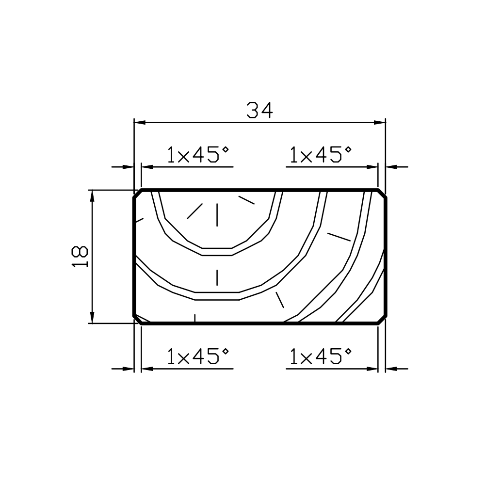 Technical drawing of a 34 by 18 mm rounded rectangle with 1×45° chamfers on all corners.