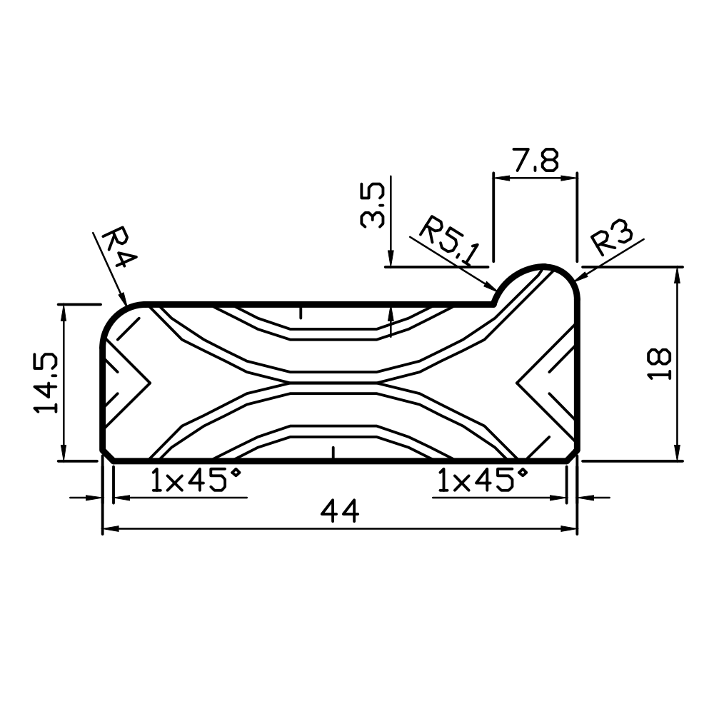 Technical drawing of a small part with rounded ends and dimensions labeled in millimeters.
