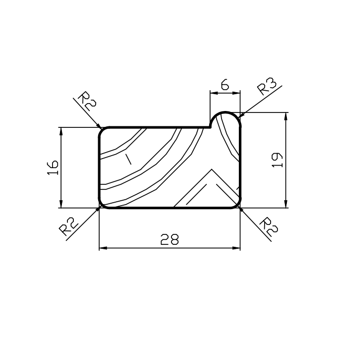 Technical drawing of a rounded rectangular part with dimension labels 28, 16, 19, 6, and radius callouts R2 and R3