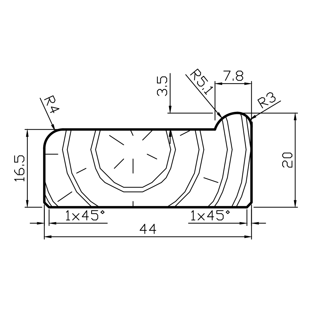 Technical line drawing of a cylindrical part with rounded ends and dimension measurements labeled in millimeters.