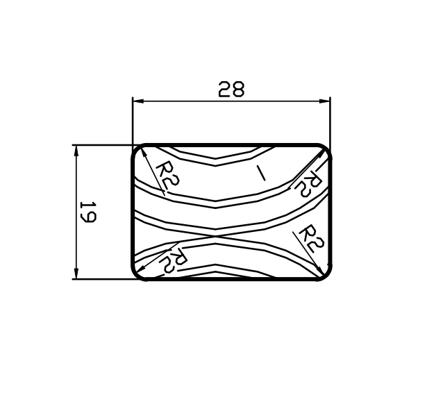 Technical drawing of a rounded rectangle, 28 by 19, with R2 corner fillets and curved interior lines.