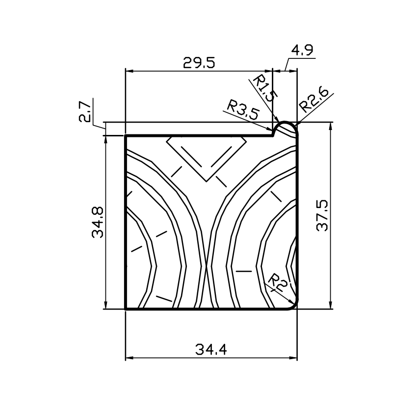 Technical line drawing of a square panel with curved corner patterns and dimension labels