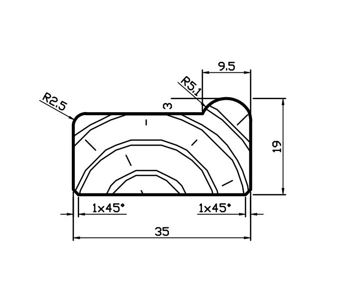 Technical drawing of a rounded rectangular part with dimensions, chamfers, and radii