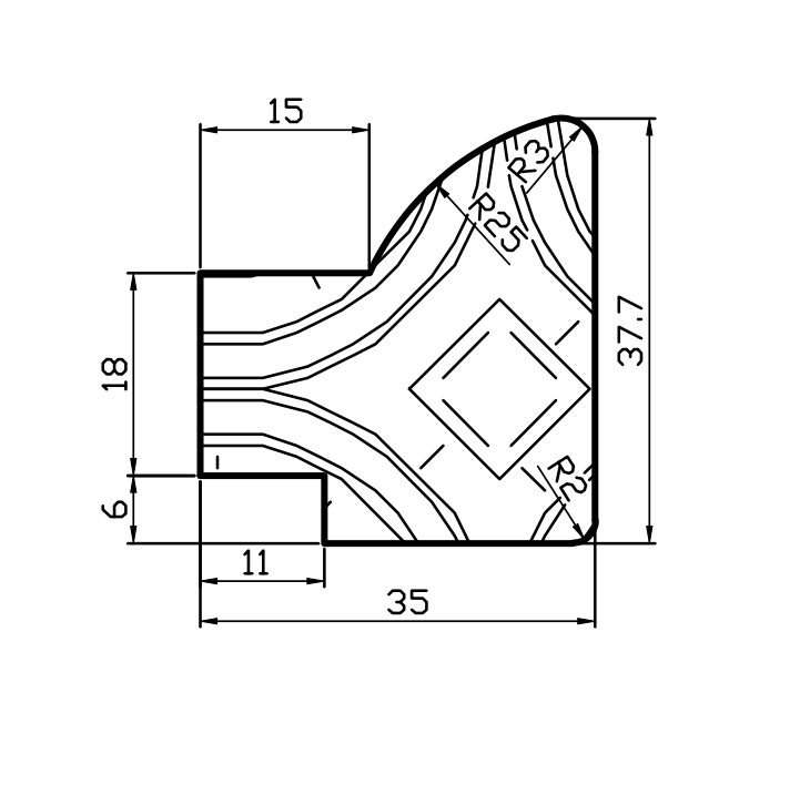 Technical drawing of a curved pattern piece with dimension labels and measurements.