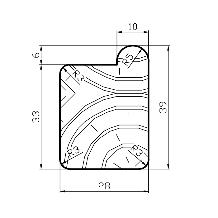 Technical line drawing of a rounded rectangular part with dimension labels and arc radii.