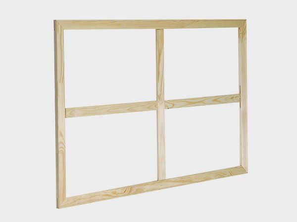 Bare wooden frame with two vertical and one horizontal divider, forming four rectangular panes.
