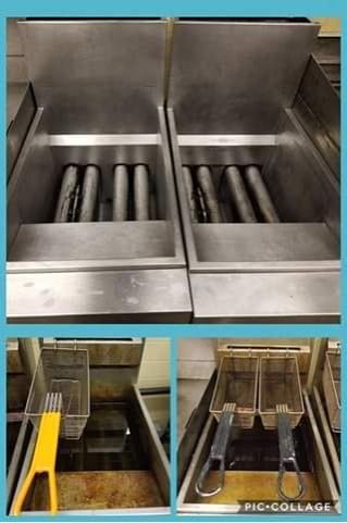 Stainless steel fryers with heating tubes, one with a yellow tool, another with fry baskets.
