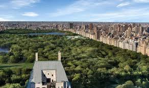 View of Central Park and New York City skyline from a building with a light-colored roof.
